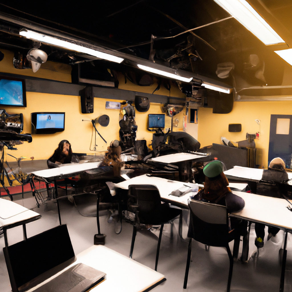 Modern Toronto newsroom classroom with students reporting on laptops